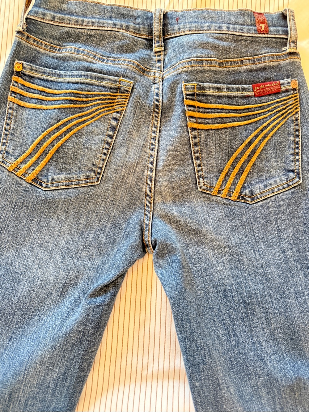 Seven7 Women's Blue Denim Bootcut Jeans with Yellow Pocket Stitching